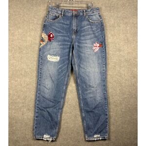 Pull & Bear Mom Jeans Embroidered Distressed Blue Size 30‎ Medium Wash